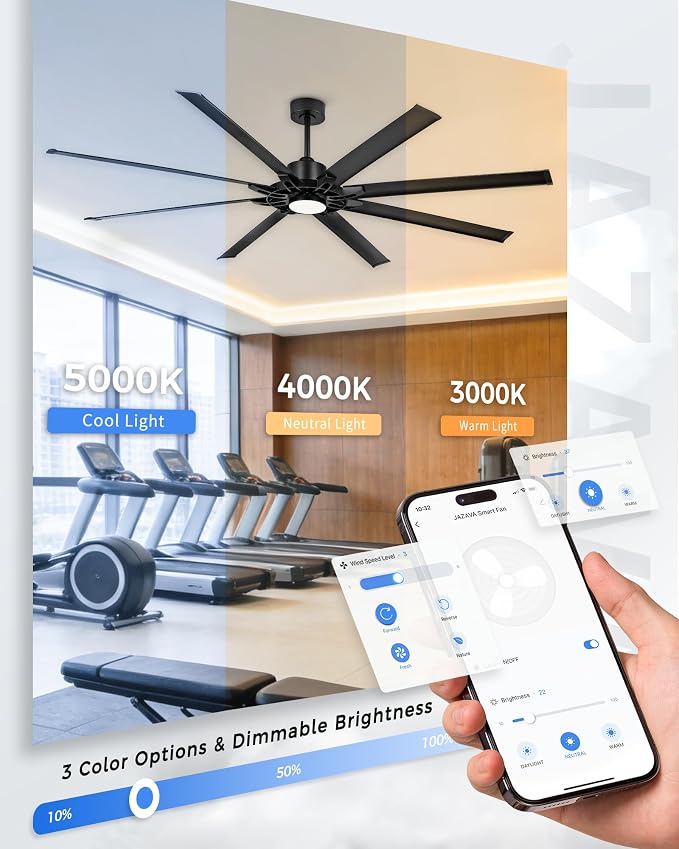 84 Inch Ceiling Fan With Light, Industrial Ceiling Fan With 8 Aluminium Metal Blades, Smart Fan Compatible with Alexa, Garage Indoor Fan For Living Room and Patio, ZCCF05ABK-84