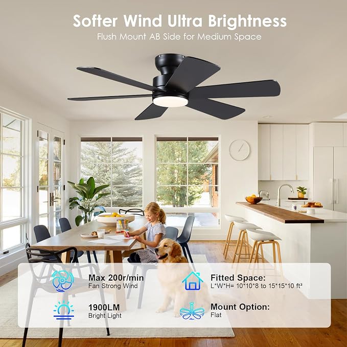 BayDay 46 inch Ceiling Fans with Lights, Black Ceiling Fan with Remote APP, Dual-Sided Modern/Rustic 6 Blades, Reversible, 3CCT, Flush Mount Low Profile Ceiling Fan with Lights Bedroom Kitchen Indoor