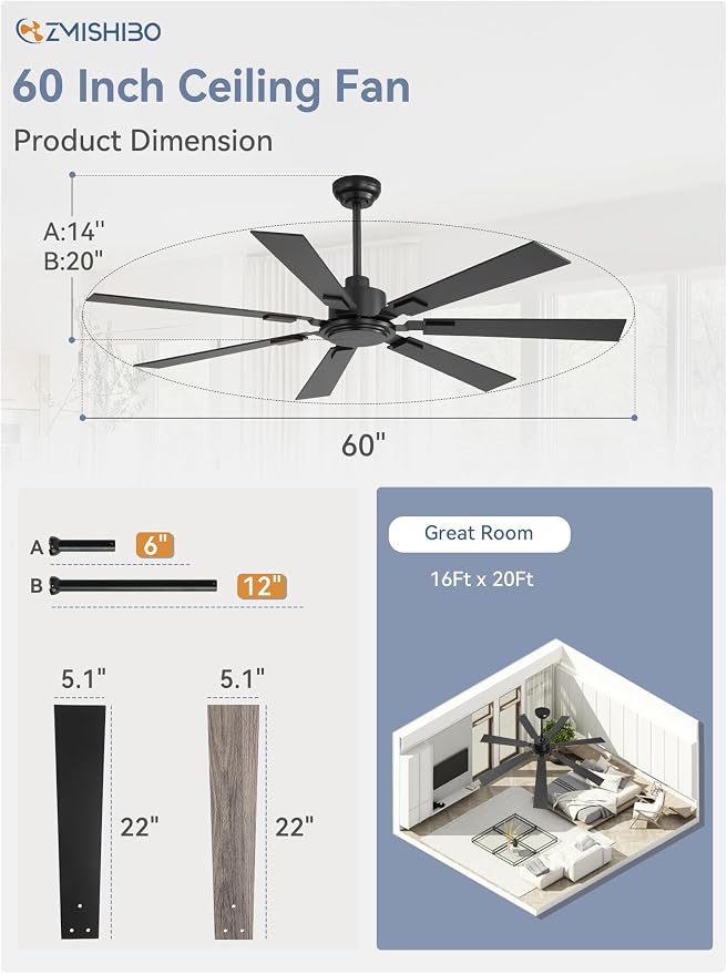 ZMISHIBO 60" Ceiling Fans No Light with Remote, Black Modern Ceiling Fan Without Light, Quiet Reversible DC Motor, 6 Speeds, 7 Blades Indoor/Outdoor Ceiling Fan for Living Room Bedroom Patio Garage