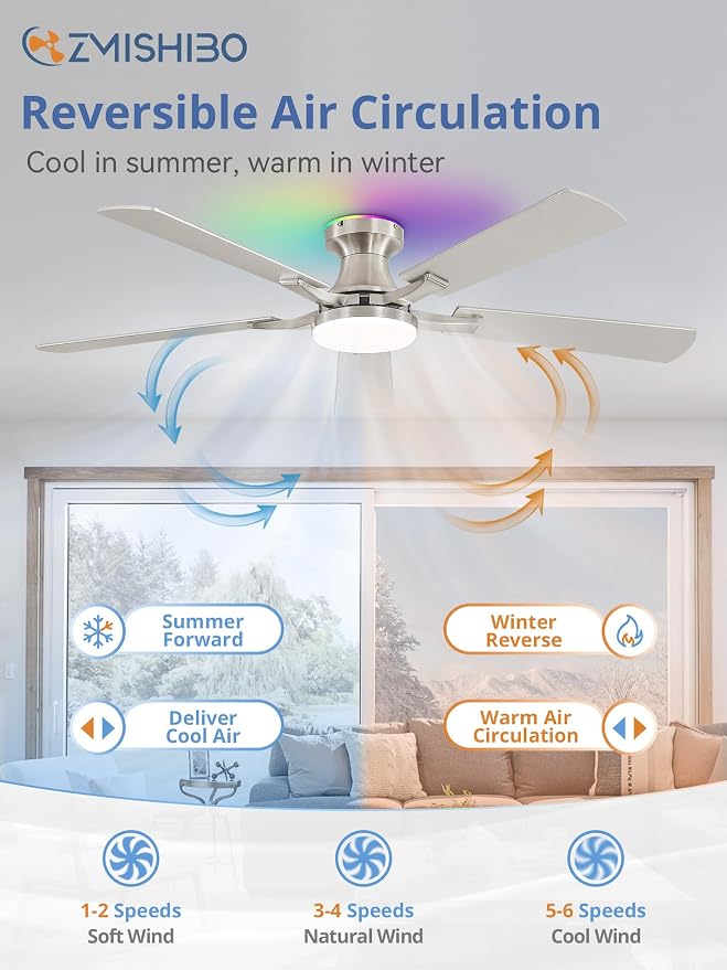 ZMISHIBO 52 Inch Ceiling Fan with RGB Lights, Low Profile Flush Mount with Alexa/App/Remote, Dimmable 20W LED Light, Nickel Modern for Living Room, Bedroom, Game Room