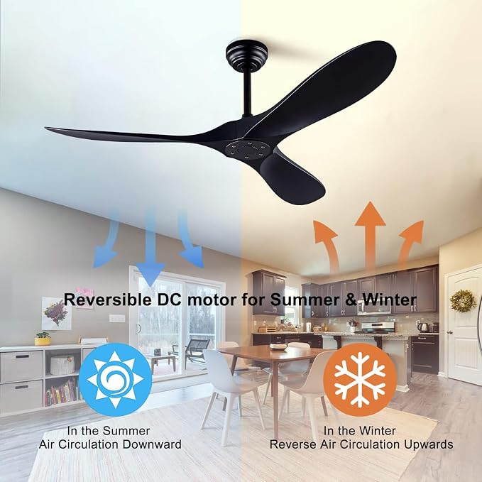 QUTWOB 52-inch Ceiling Fan (with Remote Control), 3-Blade Ceiling Fan, Suitable for Patios and Offices, Ideal for Indoor and Outdoor Use (Black)