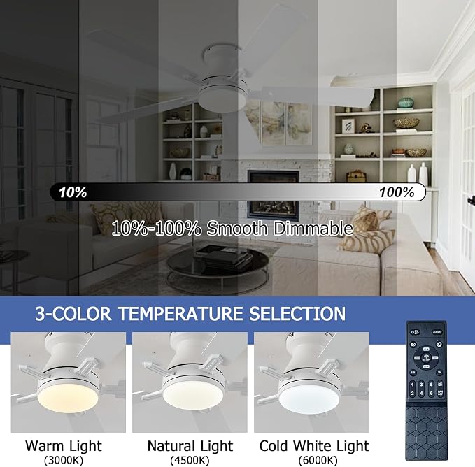 Ayaoty 54 inch Ceiling Fans with Lights and Remote, Low Profile Ceiling Fan with Light, Flush Mount, Reversible, 3CCT, Dimmable, Noiseless, White Ceiling Fan for Bedroom, Indoor/Outdoor Use