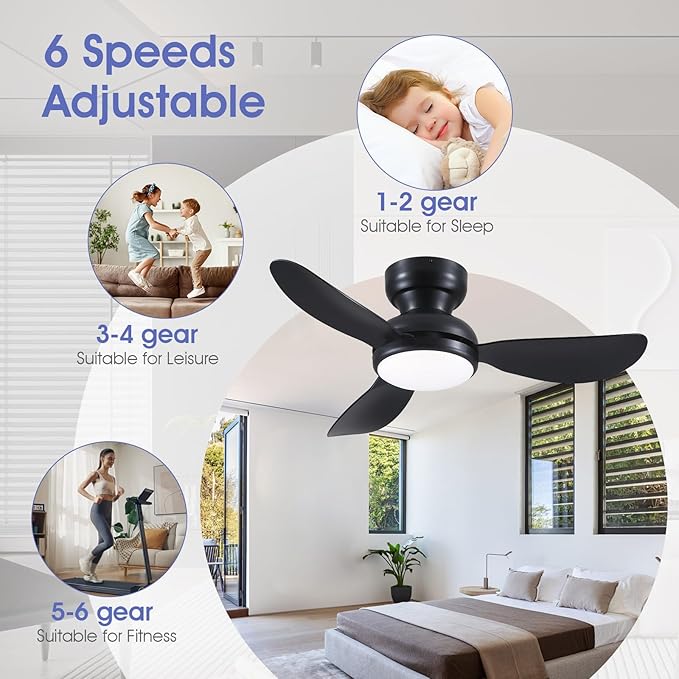Kviflon 36 Inch Flush Mount Ceiling Fan with Light, 3 Reversible Blades, Remote & APP Control, 3 CCT Dimmable for Bedroom Living Room, Black