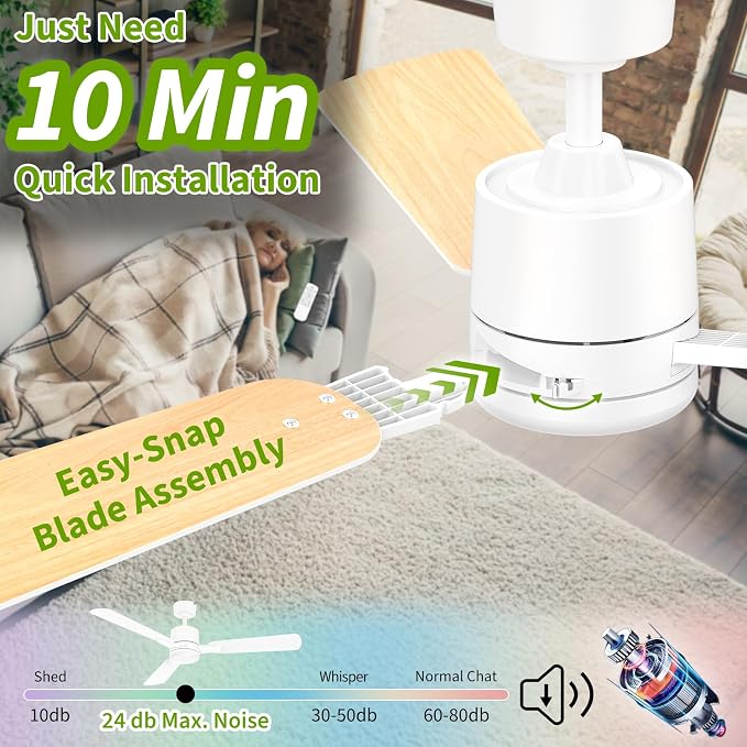Ceiling Fans with Lights, 52 Inch Low Profile Ceiling Fan with Light and Remote Control,10 Min Quick Installation,Reversible,3CCT Dimmable,Quiet,white Small Ceiling Fan for Bedroom Indoor/Outdoor