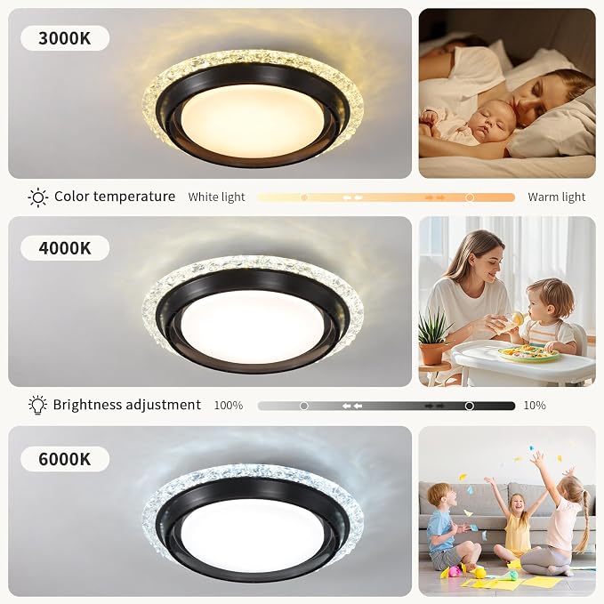 AHAWILL 19.29'' Bladeless Ceiling Fan with Light,Modern Crystal Ceiling Fan with Remote Control,Enclosed Flush Mount Fandelier,6 Wind Speed,Dimmable LED,Black,for Bedroom Kitchen Dining Room