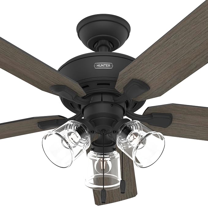 Hunter Rosner, Indoor, Ceiling Fan, Standard Mount, 52 inch, Matte Black | with LED Lights and Pull Chain, 5 Blades, For Bedroom, Living Room, Kitchen, 3 inch Downrod, 51595