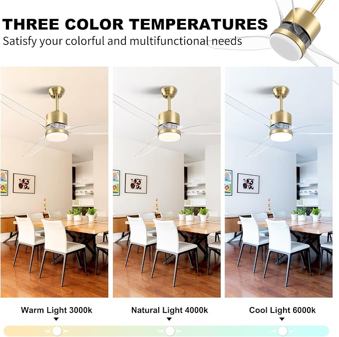 OKELI Clear Ceiling Fan with Light, 52 Inch Gold Transparent Ceiling Fans with Light and Remote 3 Reversible Blade LED Ceiling Fan and Light Combo for Living Room, Bedroom, Patio