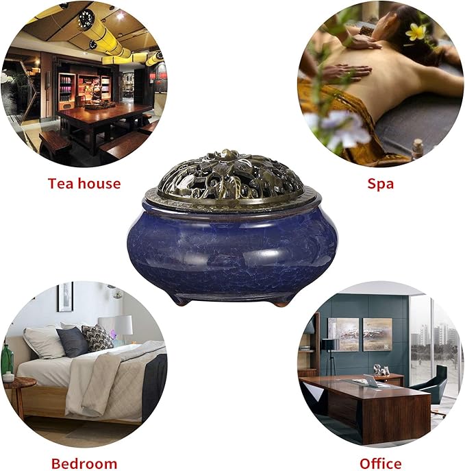 Miupoo Incense Burner and Cone Incense Holder with Brass Incense Stick Holder Ceramic Ash Catcher (Dark Blue)