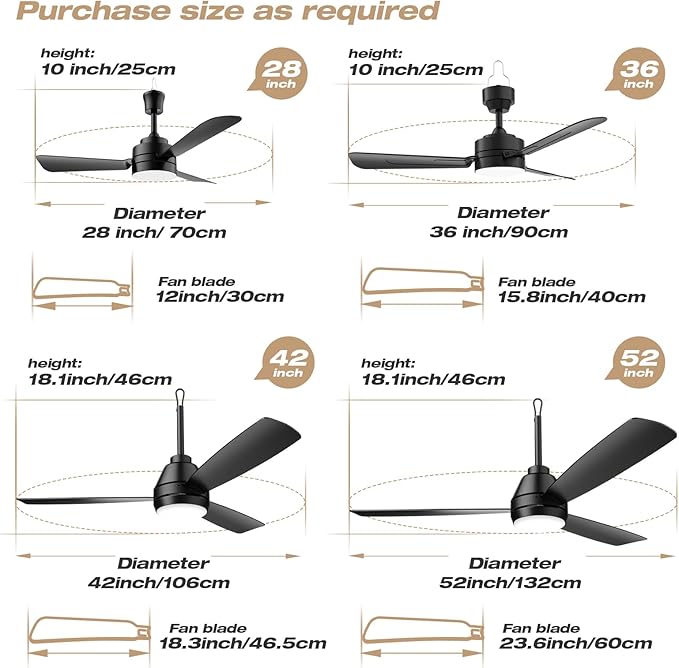 PBLALA 28" Gazebo Fan with Light,Plug in Ceiling Fan Light,Outdoor Ceiling Fan with Light,Hanging Fan with Hook,35W 3000-6500k,Remote/APP Control,Portable Fan Light for Patios,Porch