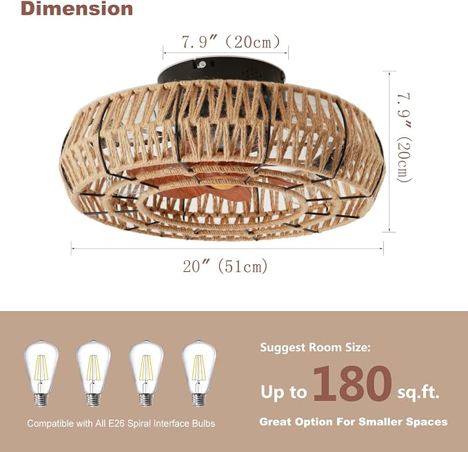 20" Boho Caged Bladeless Ceiling Fans with Lights and Remote | Flush Mount Low Profile Ceiling Fan Light. Silent 6 Speed Reversible Motor, Hand-knitting for Living Room Bedroom w/ 4 bulbs.