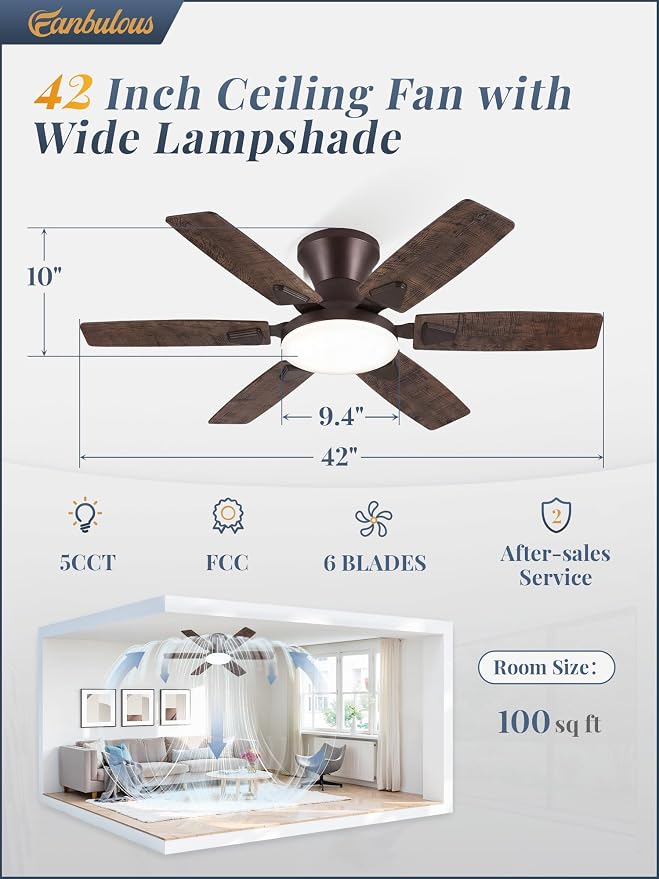 Fanbulous Ceiling Fans with Lights, 42 Inch 6-Blade, Smart APP & Remote Control, Dimmable 5CCT LED with Smart Memory, DC Motor Quiet for Bedroom Living Room, Damp Rated for Outdoor Covered Patio