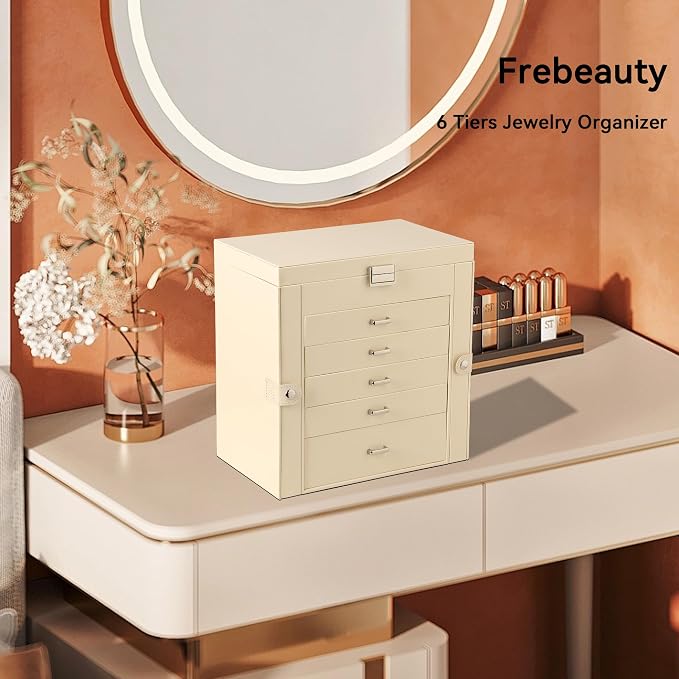 Frebeauty 6-Layer Jewelry Box for Women,Large Jewelry Organizer with Drawer | Faux Leather,Built-in Mirror,Spacious Jewelry Storage,16 Necklace Hooks,Organizing by Category for Rings Earrings Bracelet