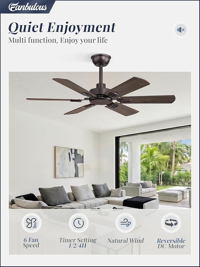 Fanbulous 42 Inch Ceiling Fans No Light with Remote, Modern Ceiling Fan Without Light, Dual Finish 6 Blades, Reversible Quiet DC Motor, 6 Speed, Large Ceiling Fan for Indoor or Outdoor, Oil Bronze
