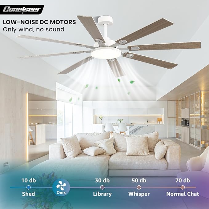 72 Inch Ceiling Fans with Lights and Remote, Dual Color 8 Blades, Bedroom Living Room Office Library Cafe Outdoor Industrial, 3CCT Dimmable, 6 Speed Reversible Quiet DC Motor, White/Wood Grain
