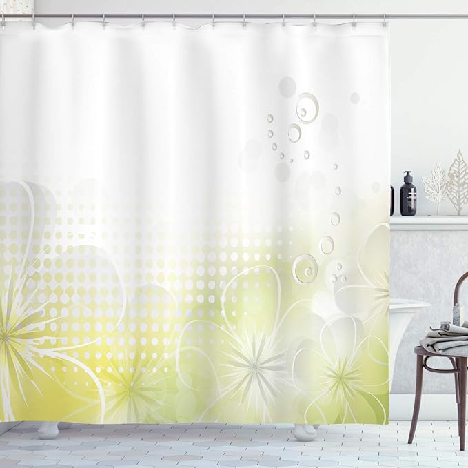 Ambesonne Grey and Yellow Shower Curtain, Abstract Grunge Design Water Bubbles and Flowers Image, Cloth Fabric Bathroom Decor Set with Hooks, 69" W x 70" L, Pale Yellow Pale Grey