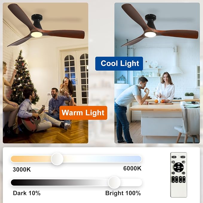 Depuley 52-Inch Ceiling Fans with Lights: Walnut 3 Blade Flush Mount Low Profile Ceiling Fan for Bedroom - Dimmable Indoor Outdoor Fan with Remote Control Ultra Quiet DC Motor Timer
