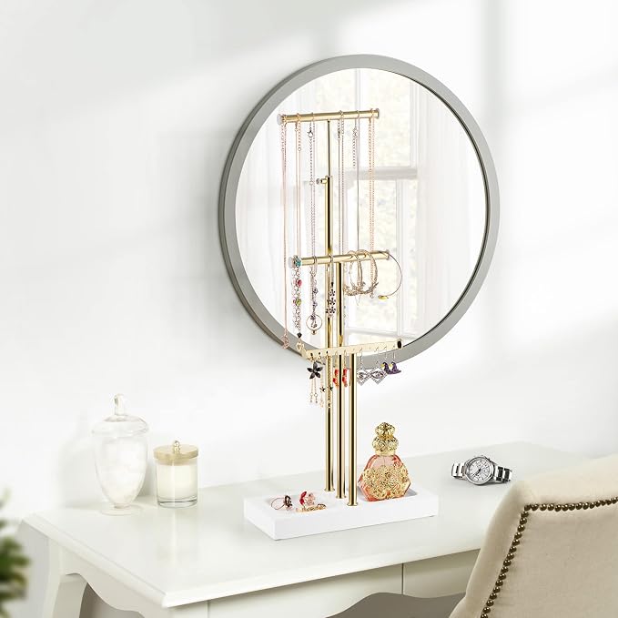 Love-KANKEI 3-Tier Jewelry Organizer Stand,Adjustable Height,White/Gold | Metal Rod,Solid Wood Base,Easy to Install,Tree Style,Display Long Necklaces,Bracelets,Earrings,Rings,Watches,Bangles,Gift