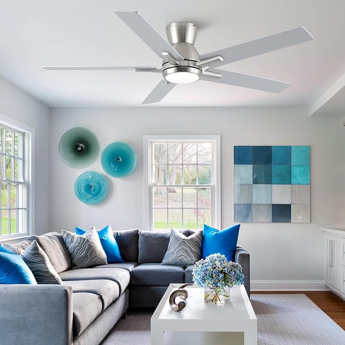 52'' Brushed Nickel Flush Mount Ceiling Fan with Light & Remote, ETL Listed | 6 Speed, Quiet DC Motor, 3-Level Timer Function, 3 Color Temperature, Forward/Reserve For all Seasons, Indoor/Covered Outdoor