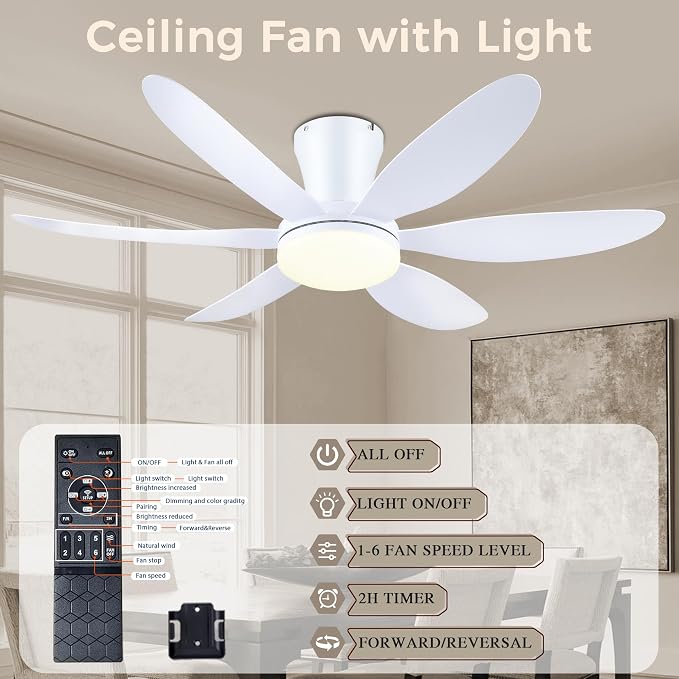GJeg Ceiling Fans with Lights,42" Low Profile Ceiling Fan with Light and Remote Control,Flush Mount, Reversible, Dimmable, Noiseless, White Ceiling Fan for Bedroom