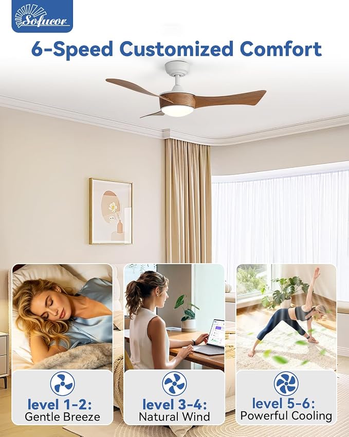 Sofucor 42 Inch Ceiling Fans with Lights-Modern Small Bedroom Ceiling Fan with Remote Control, Plug-in Blades Quick Install,Reversible Quiet DC Motor,Outdoor Ceiling Fan for Kitchen/Living Room/Patios