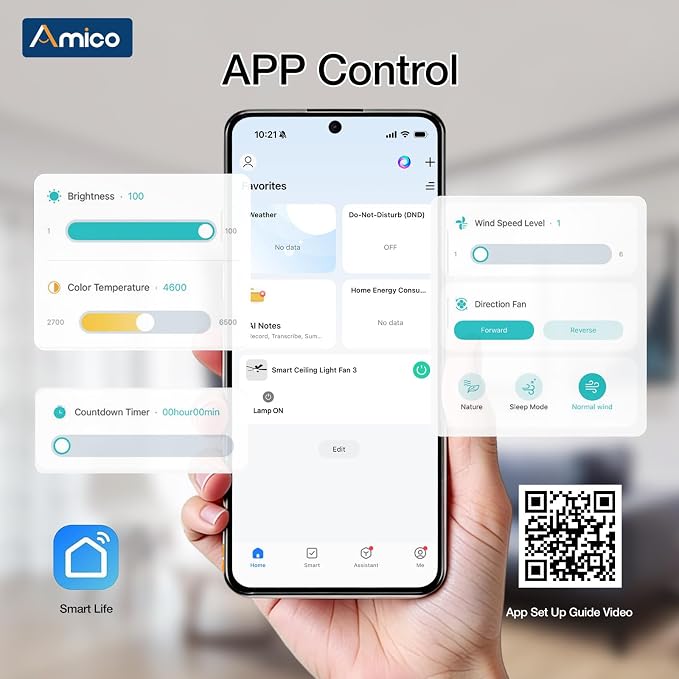 Amico Ceiling Fans with Lights, 52 inch Smart Ceiling Fan with Remote/APP/Alexa Control, Downrod Mount, Reversible DC Motor, 5 Blades, 6 Speeds, 3CCT, Dimmable, Noiseless, Bedroom, Living Room, White