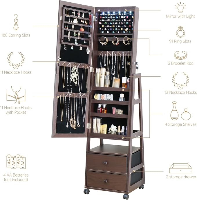 Jewelry Armoire Cabinet Organizer Standing with 20 LED Lights Lockable Full Length Mirror with Storage Shelves and 2 Drawers (Brown) Adjustable Tilt Angles Gift for Her