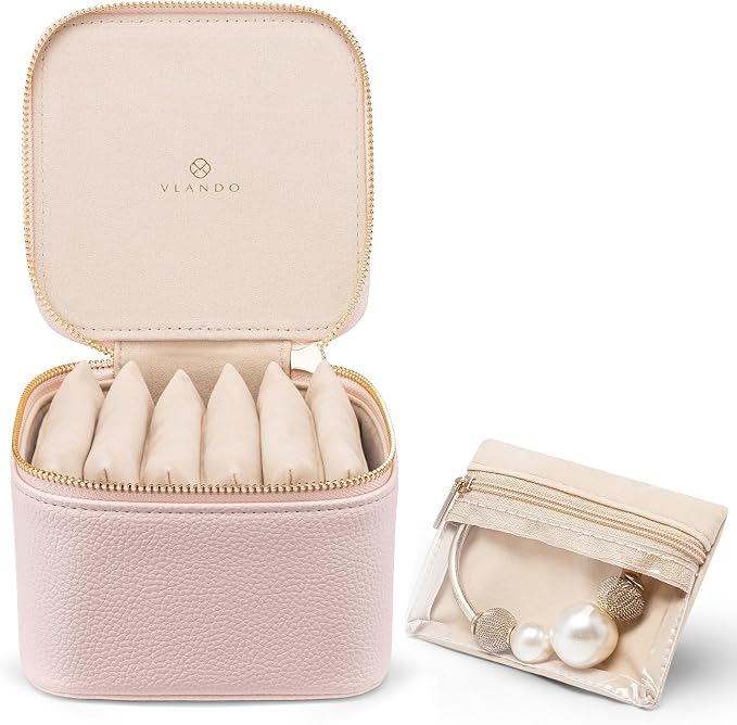 VLANDO Travel Jewelry Organizer Case with 6 Clear Velvet Zipper Pouches, Faux Leather Jewelry Storage Box for Rings, Earrings, Necklaces and Bracelets, Gift for Women Girls