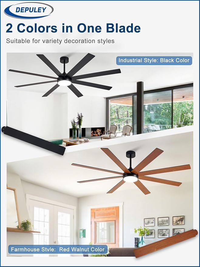 Depuley 72" Ceiling Fans with Lights: Black Indoor/Outdoor Ceiling Fan for Patios Living Room - 8 Blades Dimmable Large Ceiling Fans with Remote APP Control Timer Reversible Quiet DC Motor 6 Speeds