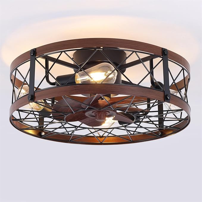 24" Farmhouse Flush Mount Caged Ceiling Fans with Lights, Rustic Low Profile Ceiling Fan with Light and Remote, Quiet Reversible DC Motor Bladeless Enclosed Ceiling Fan for Bedroom Dining Room Kitchen