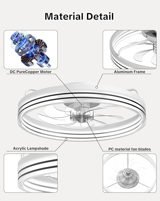 AIKVSXER Ceiling Fan with Lights and Remote, 20in Modern Ceiling Fans | 3000K-6500K Smart Ceiling Fans with Lights, Low Profile Flush Mount Ceiling Fan with Light, Quiet Ceiling Fan for Bedroom