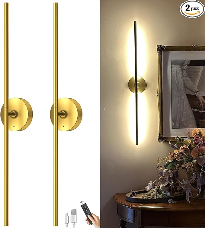 Battery Operated Wall Sconce Set of Two: Gold Wireless Rechargeable Wall Light with 10000mAh Detachable Battery and Remote, 360° Rotatable Scone Wall Decor for Bedroom Hallway Bathroom, 31.5inch
