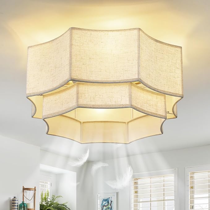 Boho Ceiling Fan with Light, 20'' Flush Mount Caged Ceiling Fan with Light Remote Control, Linen Fabric Low Profile Fandelier with 6 Speeds for Bedroom, Living Room