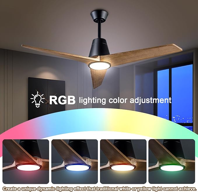 52'' Solid Wood 3 Blades Ceiling Fan RGB Light DC Reversible Remote Control | 20-year sycamore wood blades, reversible dc motor, 6-speed timer remote, dimmable rgb light with memory, bedroom living room