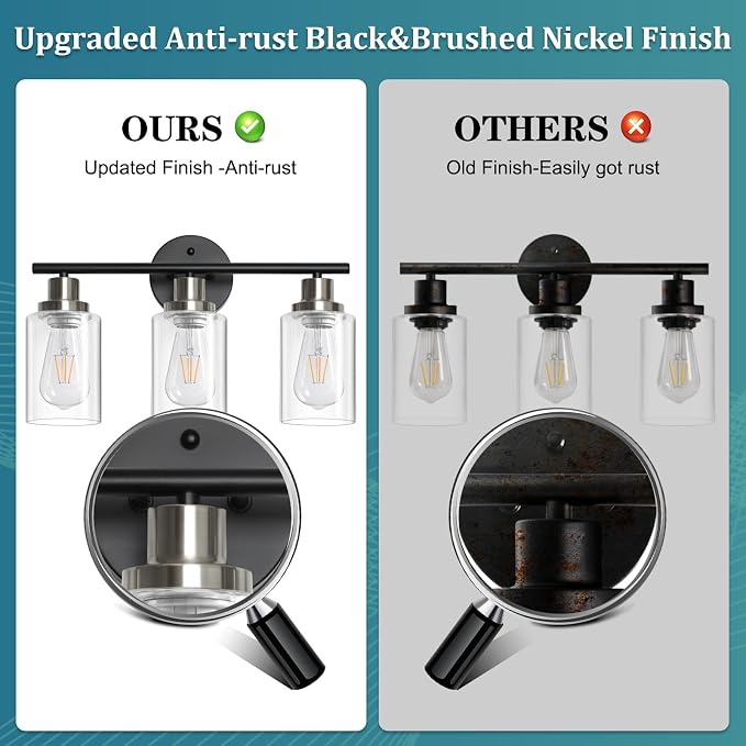 Unicozin Modern Bathroom Light Fixtures, 3 Light Vanity Lights, Black and Brushed Nickel Wall Lamp with Clear Glass for Bathroom, Mirror, Living Room, Bedroom, Hallway, E26 Base