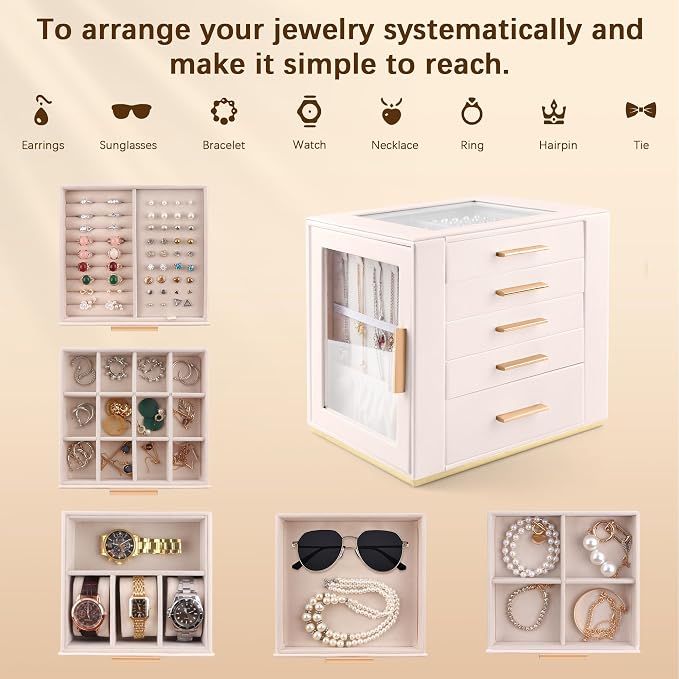 Homeanda Jewelry Box for Women with Glass Lid, 5 Drawers Jewelry Organizer and Storage for Necklaces, Rings, Earrings, Bracelets, Gift for Girls and Teens,PU Leather (Beige)