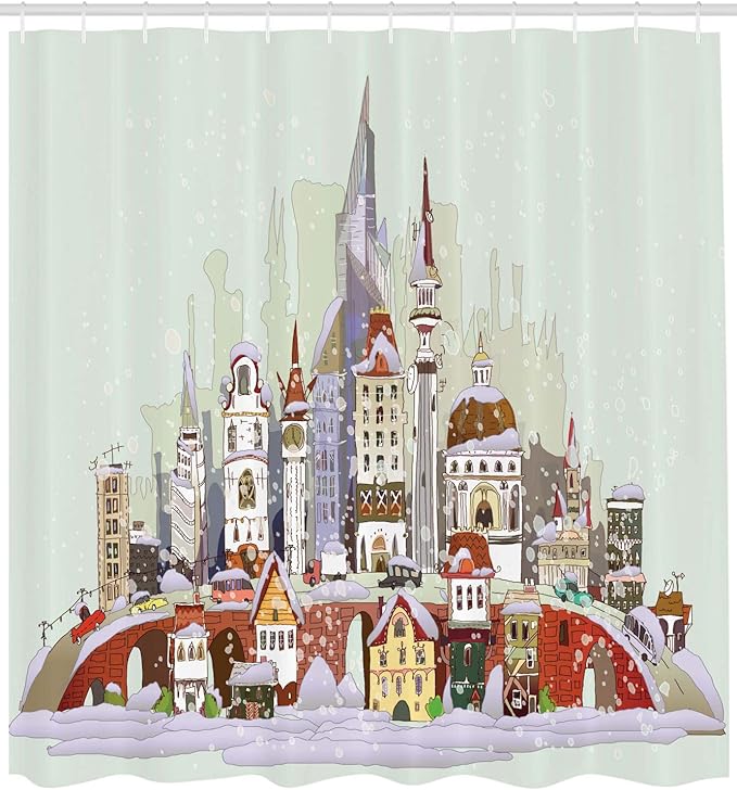 Ambesonne Christmas Shower Curtain, Noel in The City Xmas Background Yule Holiday Traditional Winter Scenery, Cloth Fabric Bathroom Decor Set with Hooks, 69" W x 75" L, Green Lavender