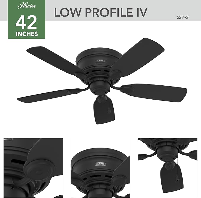 Hunter Low Profile IV, Indoor, Ceiling Fan, No Light, 42 inch, Matte Black | Low Profile Flush Mount, Pull Chain, 5 Blades, For Bedroom, Living Room, Kitchen, 52392
