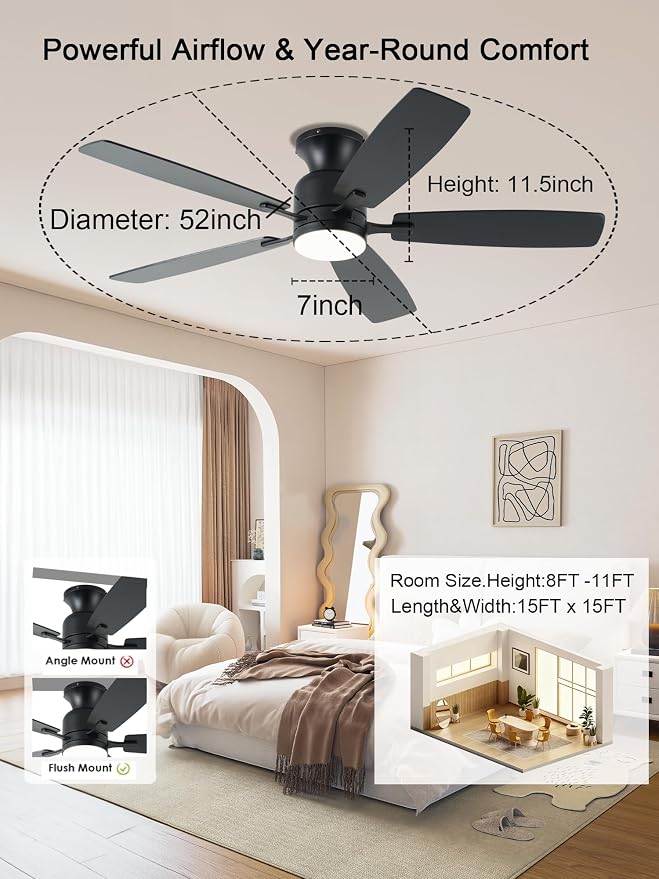 KNUN 52 Inch Ceiling Fans with Lights,ceiling fans with lights and remote， 3CCT Dimmable, Double-Sided Blades, Reversible Motor, (Black)