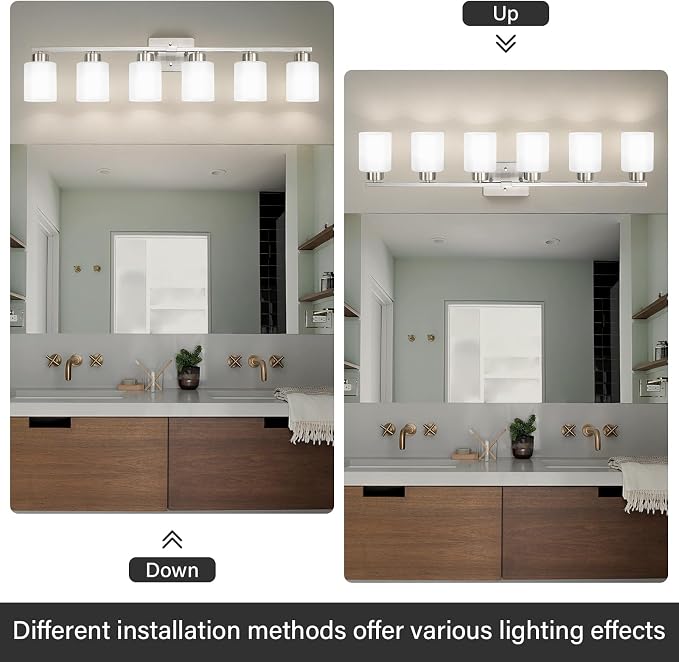 FonmYim Brushed Nickel Bathroom Light Fixtures, 6-Light Modern Vanity Light Over Mirror, Wall Sconces with Milky White Frosted Glass Shades, E26 Socket (Bulbs Not Included)