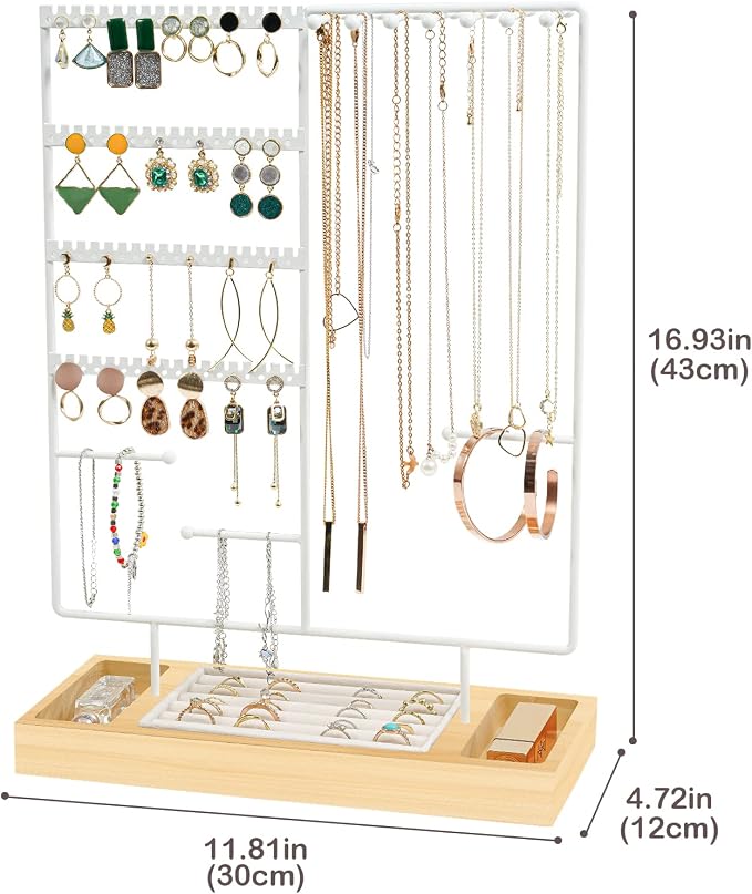 ProCase Jewelry Organizer Stand Earring Holder Organizer, 6 Tiers Earring Organizer Tree Necklace Rack Jewellery Tower Bracelets Holder Storage with Removable Wooden Ring Tray for Women Girls -White