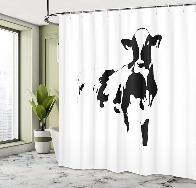 Ambesonne Rustic Shower Curtain, Simple Silhouette Style Portrait of a Cow Milk Farm Animals Agriculture Themed Illustration, Cloth Fabric Bathroom Decor Set with Hooks, 69" W x 84" L, Black White