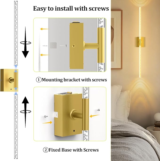 iThird Crystal Bubble Gold Wall Sconces Set of 2: 10000mAh Rechargeable Wireless Lights with Remote & 360° Rotate, 4 Color Temps Dimmable, 31" Lamp Decor for Bedroom Living Room Mirror