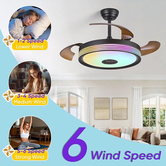 FIDGRA 48'' Retractable Ceiling Fan with Light, Bluetooth Modern Ceiling Fans with Speaker, RGB LED Lights, 6 Speeds, Reversible Motor for Bedroom, Living Room, Party-Black