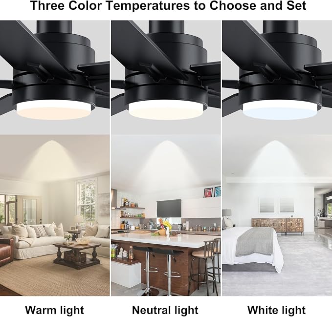 YUHAO 48 Inch Black Ceiling Fan with Light and Remote Control.Noiseless,Dimmable, 3CCT,6 Speeds Reversible, Modern DC Ceiling Fans for Indoor or Covered Outdoor Use,ETL Listed