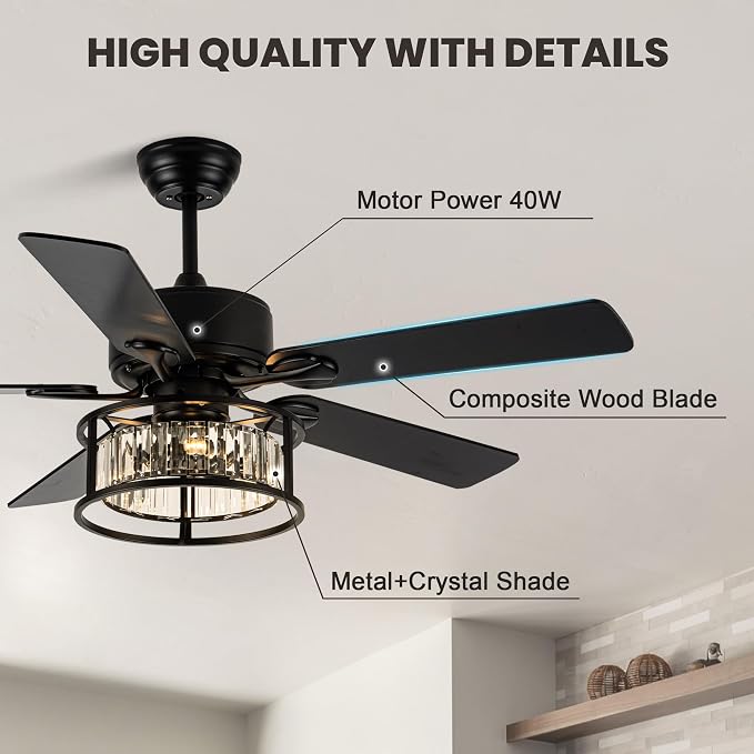 Dawn Whisper 52 Inch Chandelier Ceiling Fans with Lights and Remote Quiet and Reversible DC Motor Black Caged Modern Ceiling Fan for Bedroom Living Room