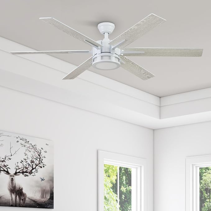 Honeywell Ceiling Fans Kaliza Modern 56 Inch Ceiling Fan with Light, Remote Control Fan, LED Indoor Fan with 6 Blades, Gray Wash and White Blade Finish Options, White (51477-01)