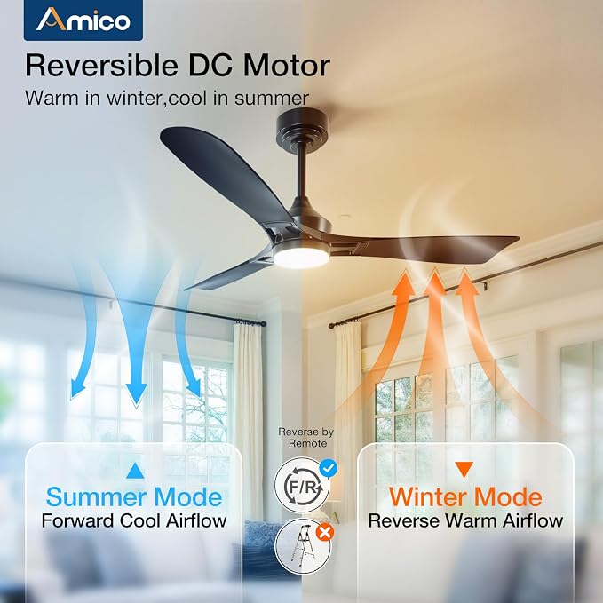 Amico 52 Inch Ceiling Fan with Lights, Modern Black 3-Blade Ceiling Fan with Remote Control, Dimmable LED, 3CCT, Quiet Reversible Motor, Indoor/Outdoor for Patio, Living Room, Bedroom, Kitchen