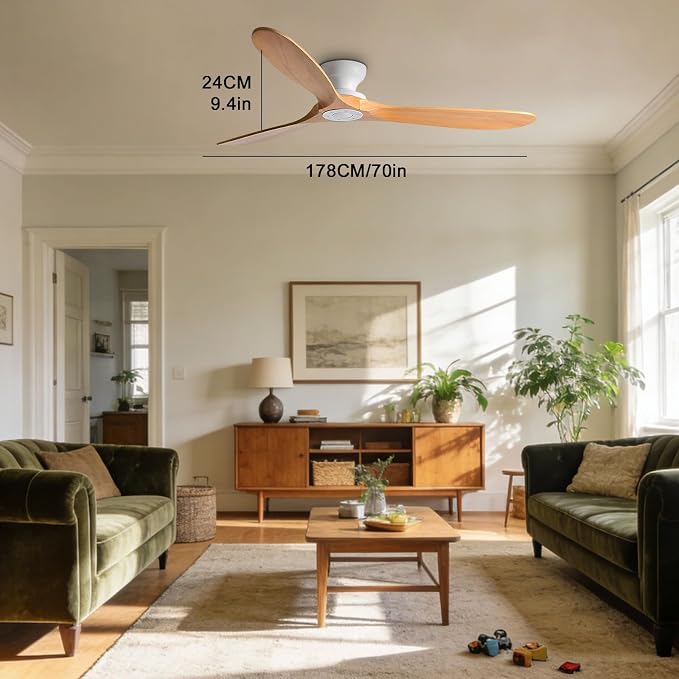 Solid Wood 70in Ceiling Fan Without Lights Flush Mount Ceiling Fans with Remote Control 6 Speeds, Wood Blades Modern Ceiling Fan No Light for Bedroom/Farmhouse/Patio/Indoor