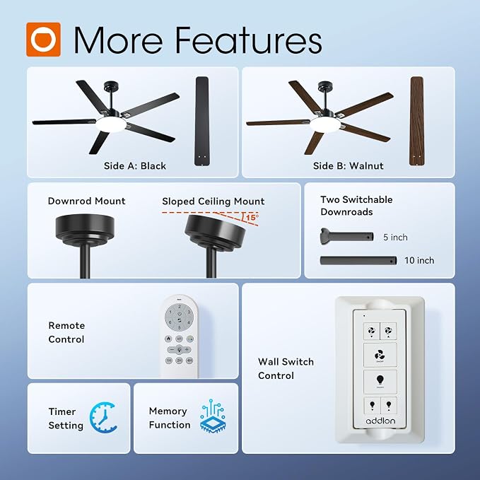 addlon Ceiling Fans with Lights, 60 inch Black Ceiling fan with Light and Remote Control, Reversible, 3CCT, Dimmable, Noiseless, Ceiling Fan for Bedroom, Farmhouse, living room, Indoor/Outdoor Use