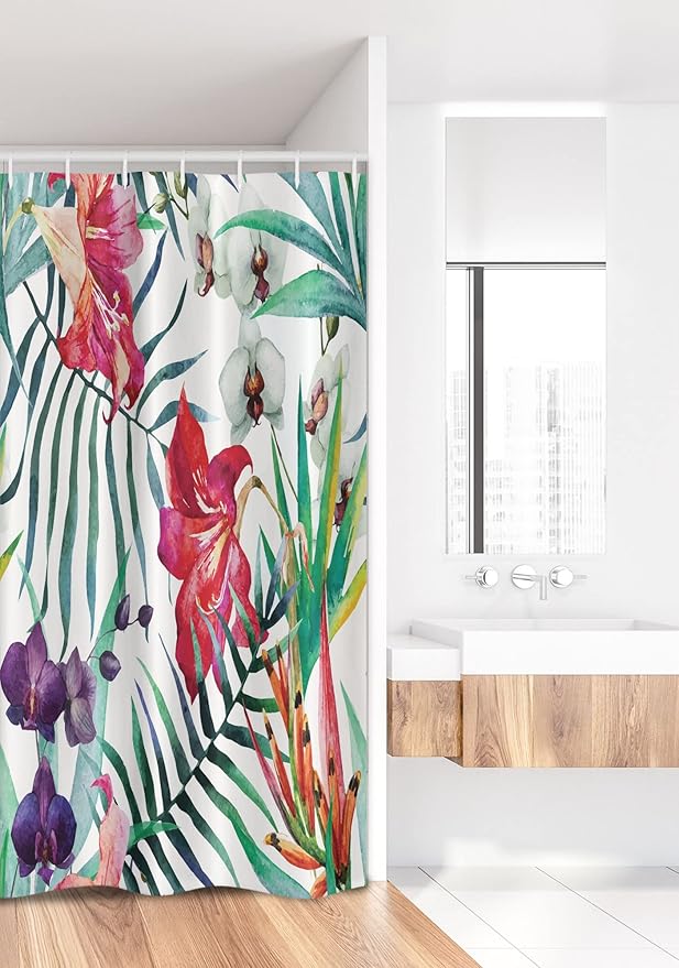 Ambesonne Watercolor Flower Stall Shower Curtain, Tropical Wild Orchid Flowers with Palm Leaves Print Exotic Style Nature, Fabric Bathroom Decor Set with Hooks, 36" W x 72" L, Coral Eggplant White